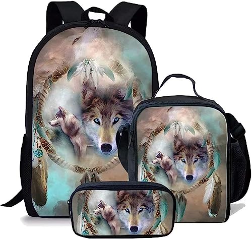 Wolf Schulranzen Set für Jungen Mädchen,3er Pack Schulrucksack Lässiger Tagesrucksack,Grundstufe Kinder Kinder Isolierte Brotdose,Bleistiftetui (A10,12.6inx5.5inx17in)