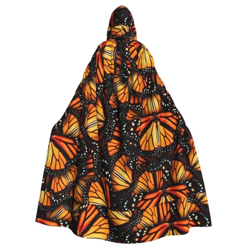 WURTON Heaps of Orange Monarch Butterflies Print Halloween Hooded Cloak for Women Men Carnival Theme Party Decorations