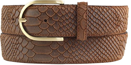 BELTINGER Damen-Gürtel mit Pythonprägung 4 cm | Leder-Gürtel für Damen 40mm Schlangen-Optik | Schlangen-Muster mit goldener Gürtelschließe | Tabac 80cm