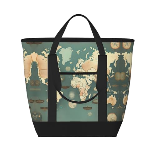 YQxwJL Isolierte Kühltasche mit Weltkarten-Motiv, großes Fassungsvermögen, Einkaufstasche, Reisetasche, Strand, wiederverwendbare Einkaufstasche für Erwachsene, Schwarz, Einheitsgröße