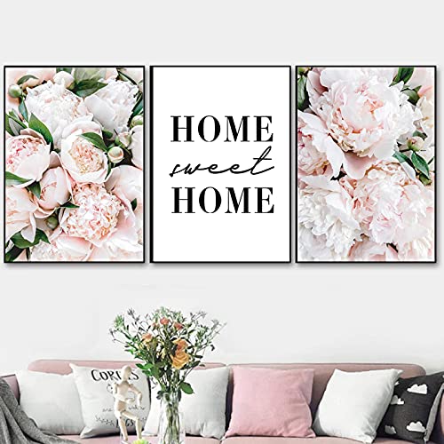 Rosa Pfingstrose Blumen Poster und Drucke Nordische Leinwand Gemälde Home Sweet Wordage Wandkunst für Innendekoration Bild 50x70cmx3pcs Rahmenlos