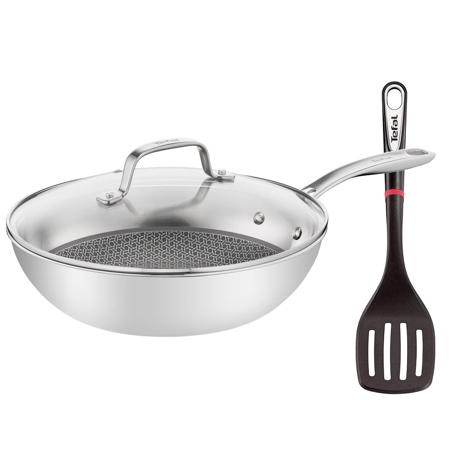 Tefal Eternal Mesh Edelstahl Wok Pfanne mit Glasdeckel 28cm, kratzfeste Mesh Antihaftbeschichtung + Ingenio Pfannenwender, Induktionsherd geeignet, Genietete Griffe, Bratpfanne + Antihaft Schutzgitter