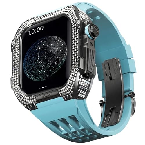 TONECY Gummiarmband, Lünette aus Titanlegierung für iWatch SE/4/5/6, Apple Mod Watch-Zubehör, Ersatzarmband aus Edelstahl für iWatch SE-Serie 44 mm (Farbe: Blau 3, Größe: 44 mm)