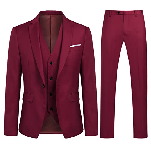 Anzug Herren Slim Fit 3 Teilig Anzüge Modern Herrenanzug 3-Teilig Sakko Hose Weste für Business Hochzeit Weinrot XX-Large