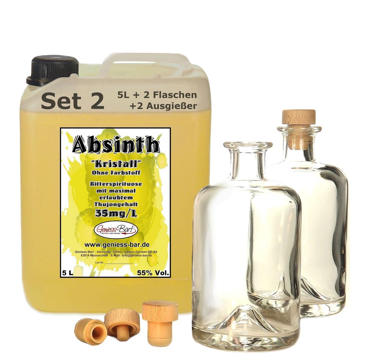 Absinth Gold Kristall 5L ohne Farbstoff inkl 2 Flaschen 2 Ausgießer 55% Vol mit maximal erlaubtem Thujongehalt 35mg/L