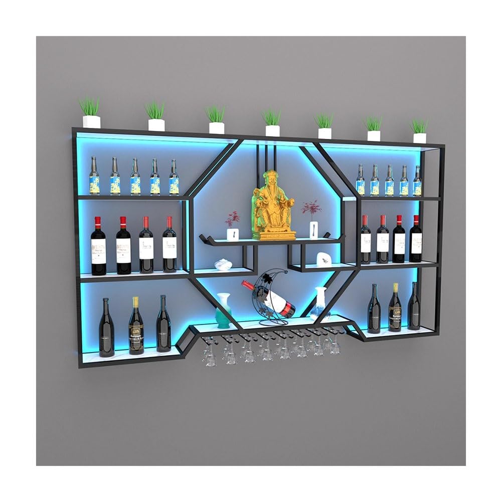 Hängende industrielle runde Weinregale, An der Wand montiertes Weinregal mit LED-Licht, moderner hängender Weinglashalter aus Metall, kreative Bar, schwebende Regale for die Hausbar, das Esszimmer, di