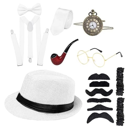 LARUISEE Modisches Gangster-Kostüm, 1920er-Jahre-Rollenspiel-Kostüm, Outfit mit Taschenuhr, Schnurrbärte, Fliege, Abschlussball, Party-Zubehör, Hochzeitszubehör