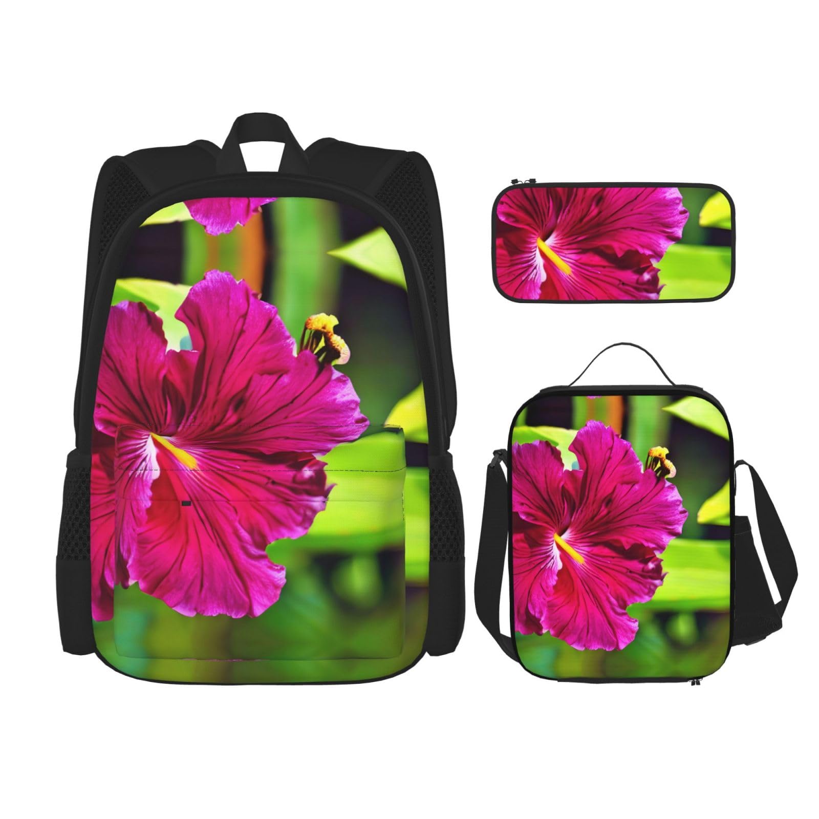 WURTON Hibiskusblumen-Druck, Reise-Lunchbox, Federmäppchen, Rucksack-Set, 3-teilig, verstellbare Riemen, leicht, Schwarz, Einheitsgröße