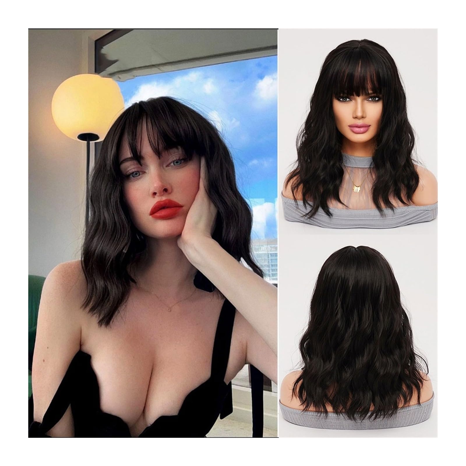 Perücke für Frauen Täglicher Gebrauch Damen Urlaub Party Hochwertige natürliche schwarze Perücke Lange lockige Bob synthetische hitzebeständige Perücke Natürliche gewellte Ponyperücke Human Hair Wig(N