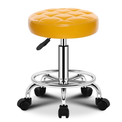 ZHOUXIAO PU Leder Rund Rolling Stool Shop Bar Hocker mit Rädern, Schwenkhöhenanpassung Rollinghocker mit Rädern Spa -Zeichnungs Salon Tattoo Office Massage Stuhl Kissen Yellow