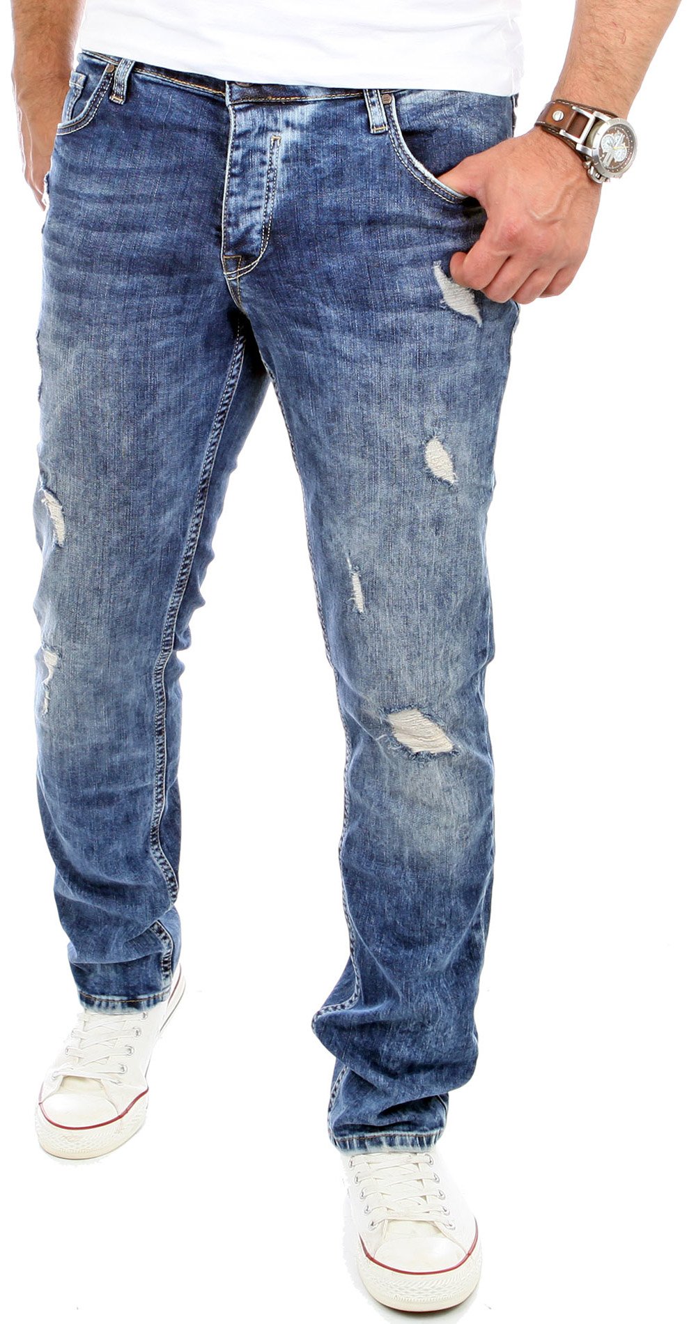 Reslad Jeans Herren Slim Fit I Stretch Jeans Hose Männer in Destroyed-Look I Riesenauswahl an Größen I Jeans in Blau Denim I RS-2069 Blau W29 / L32