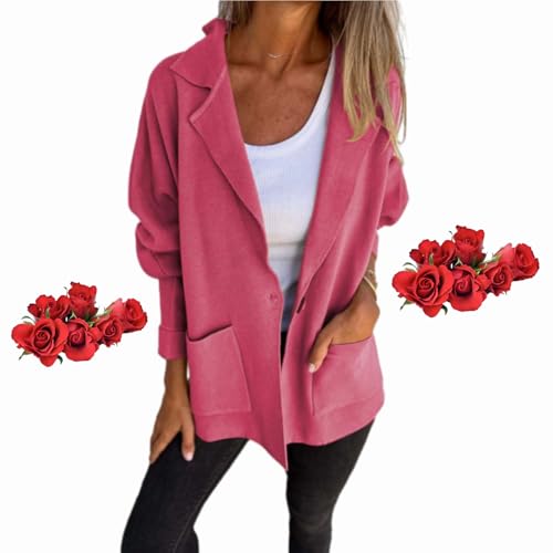 WINDEHAO Damen Herbst- und Winter-Revers, langärmelig, Freizeitjacke, 2024, lässige Revers-Taschen-Jacke mit Revers und langen Ärmeln (Rosa, XXXL)