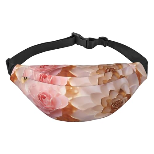 Strapazierfähige und leichte Gürteltasche mit Holzmaserung, wasserabweisendes Polyesterfasermaterial, Rosa / Weiß / Gold Blumen, Einheitsgröße