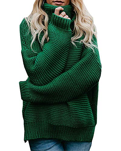 ShallGood Damen Langarm-Pullover Rollkragen Pullover Bluse Kleid Grün DE 46