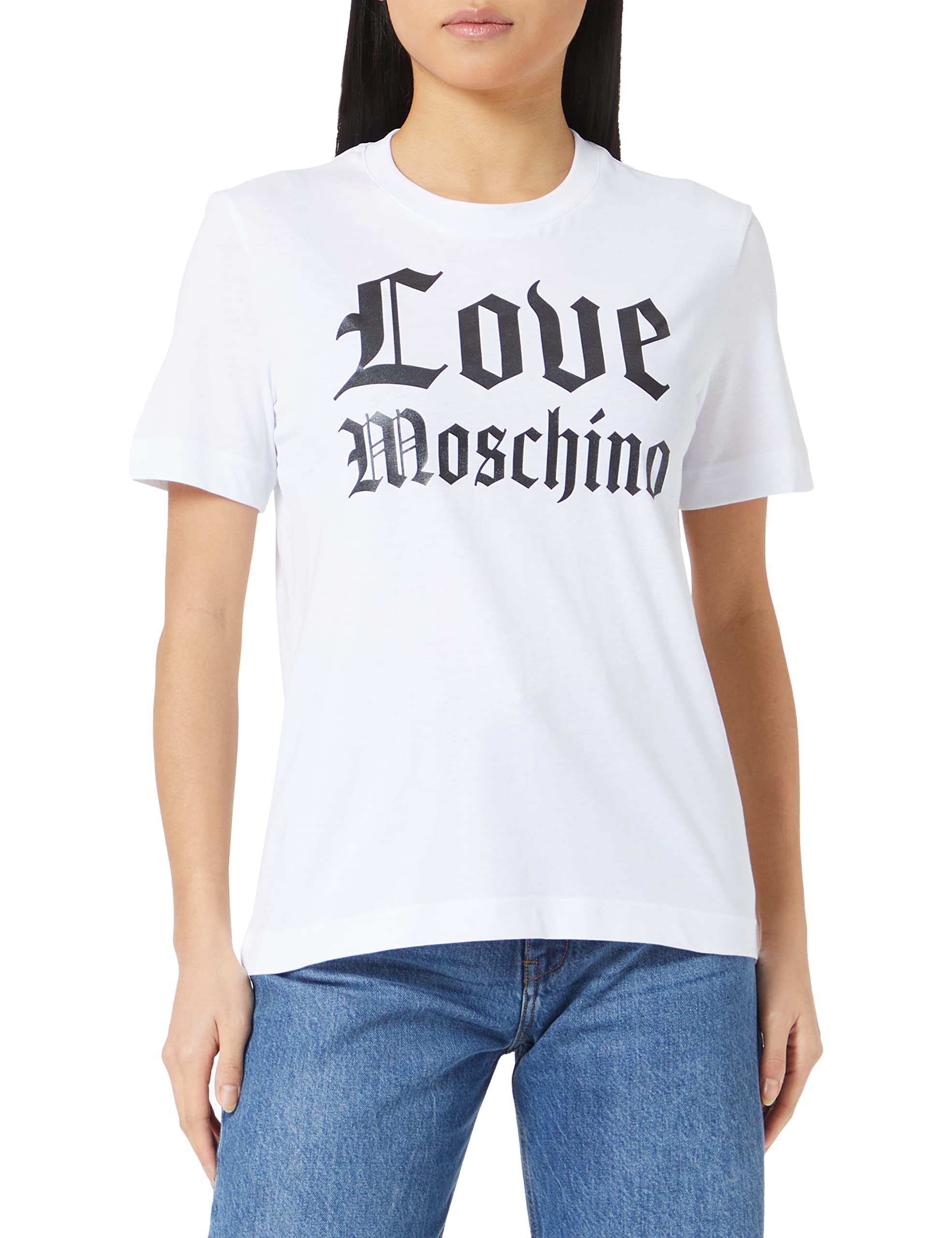 Love Moschino Women's Regular fit Short-Sleeved with Shiny Mylar Gothic Logo Print T-Shirt, Optical White, 40