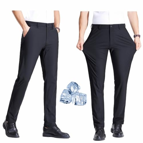 WINDEHAO Herren-Hose, gerade, knitterfrei, Übergröße, 40 W, schnell trocknend, Stretch-Hose, Sommer, atmungsaktiv, Eisseide, Business, Freizeithose, marineblau, 34