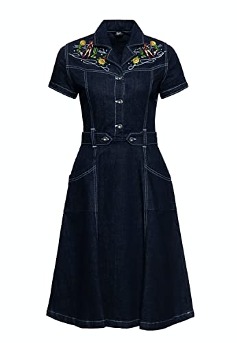 Queen Kerosin Damen Swing Jeanskleid | Denim Kleid | Bleistiftkleid | Vintage | PencilDress | Pencil Skirt | 50S | Rockabilly | Westernkleid | Stickerei