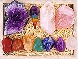 Premium Kristalle und Heilsteine Premium Kit in Holzbox - 7 Chakra Steine Heilset Rosenquarz Amethyst Cluster Quarzpunkte Chakra Pendel Ebook Poster Made in USA Geschenk bereit