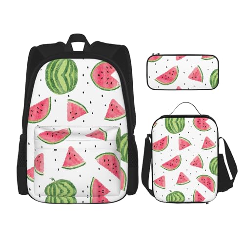 WURTON Lunchbox mit Wassermelonen-Aufdruck und frischem Obstdruck, Federmäppchen, Rucksack-Set, 3-teilig, verstellbare Riemen, langlebig, leicht, Schwarz, One Size