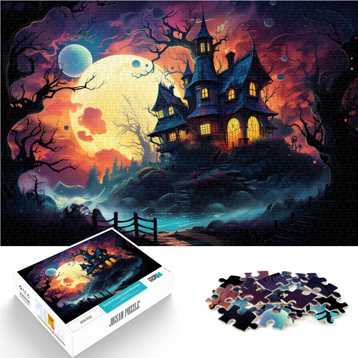 Puzzle Schwarzes Schloss bei Nacht, 1000-teiliges Puzzle für Erwachsene, Holzpuzzle, Familienspiel, Stressabbau, schwieriges Herausforderungspuzzle, 1000 Teile (50 x 75 cm)