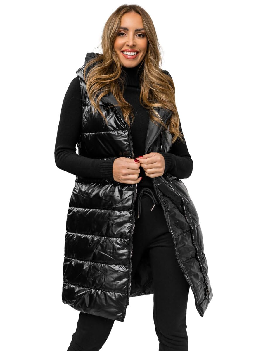 BOLF Damen Weste Lange Steppweste Bodywarmer Daunenweste Vest Funktionsweste Ärmellos Mantel Sportweste Winter Kapuze Warm Freizeit Outdoor 16M9117 Schwarz L [U1U]