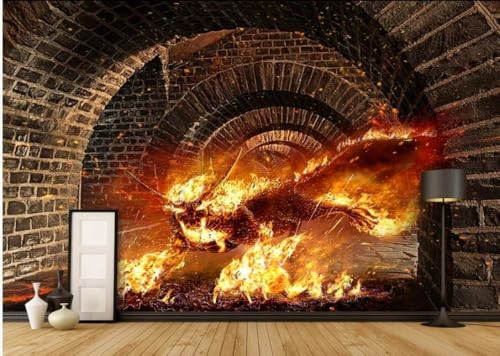 Feuer Einhörner Höhlen Gänge 3D Tapete Poster Restaurant Schlafzimmer Wohnzimmer Sofa TV Dekorative Wand-300cm×210cm