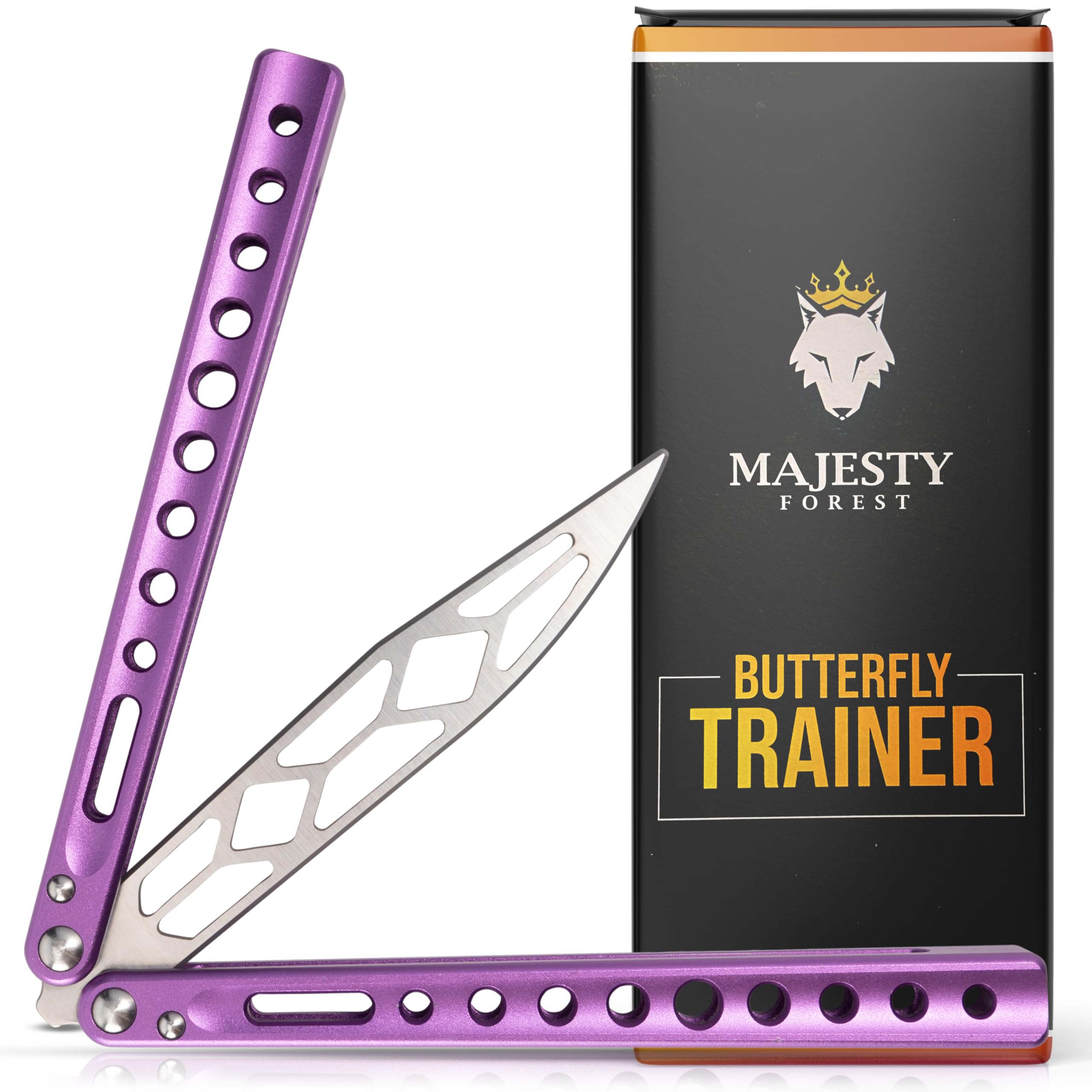 MAJESTY FOREST® Profi Butterfly Trainer (Lila) - Made with CNC aus Aluminium - Legales Balisong Messer mit stumpfer Klinge als Trainingsmesser - Inkl. Zubehör