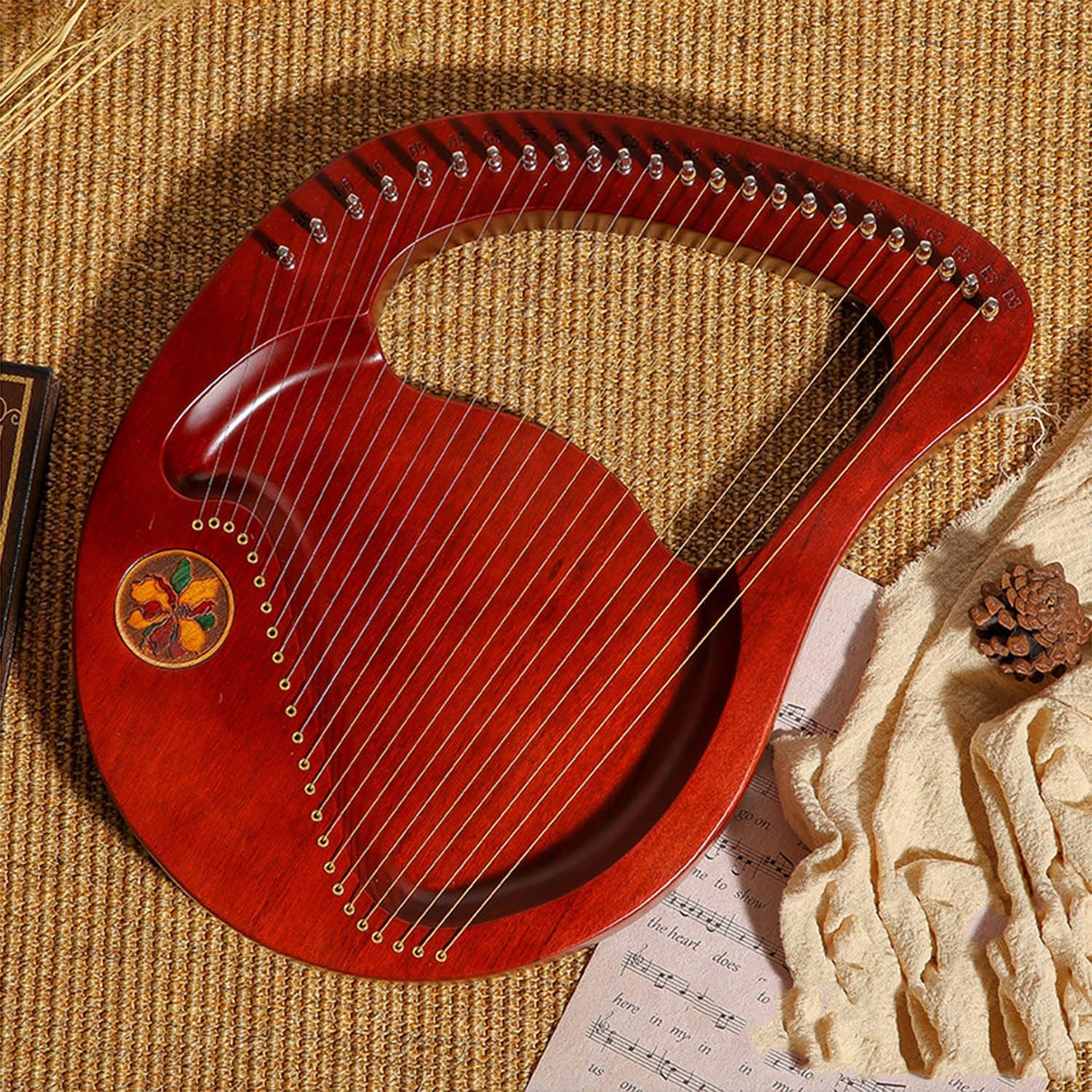 Leier,24 Metallsaiten Lyre Harp,Mahagoni Korpus Lyre Harfe,mit Stimmschlüssel Saiten Plektren Musiknotenaufkleber,Saiteninstrument für Erwachsene Kinder Anfänger,004