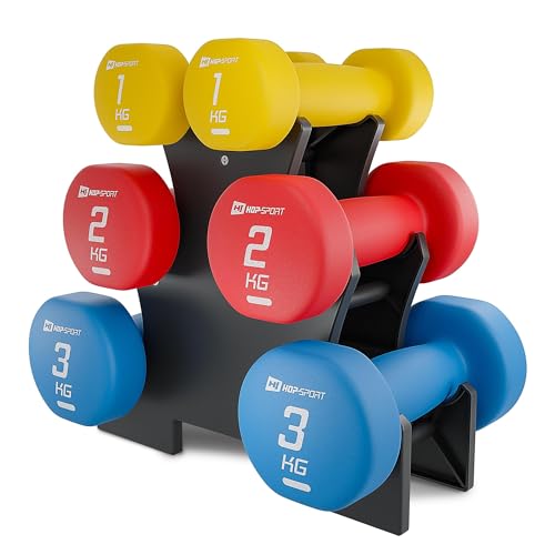 Hop-Sport Hanteln Set mit Hantelständer, Kurzhanteln - 2 x 1 kg, 2 x 2 kg, 2 x 3 kg, Hanteln aus Gusseisen - mit Neopren überzogen- blau,rot,gelb