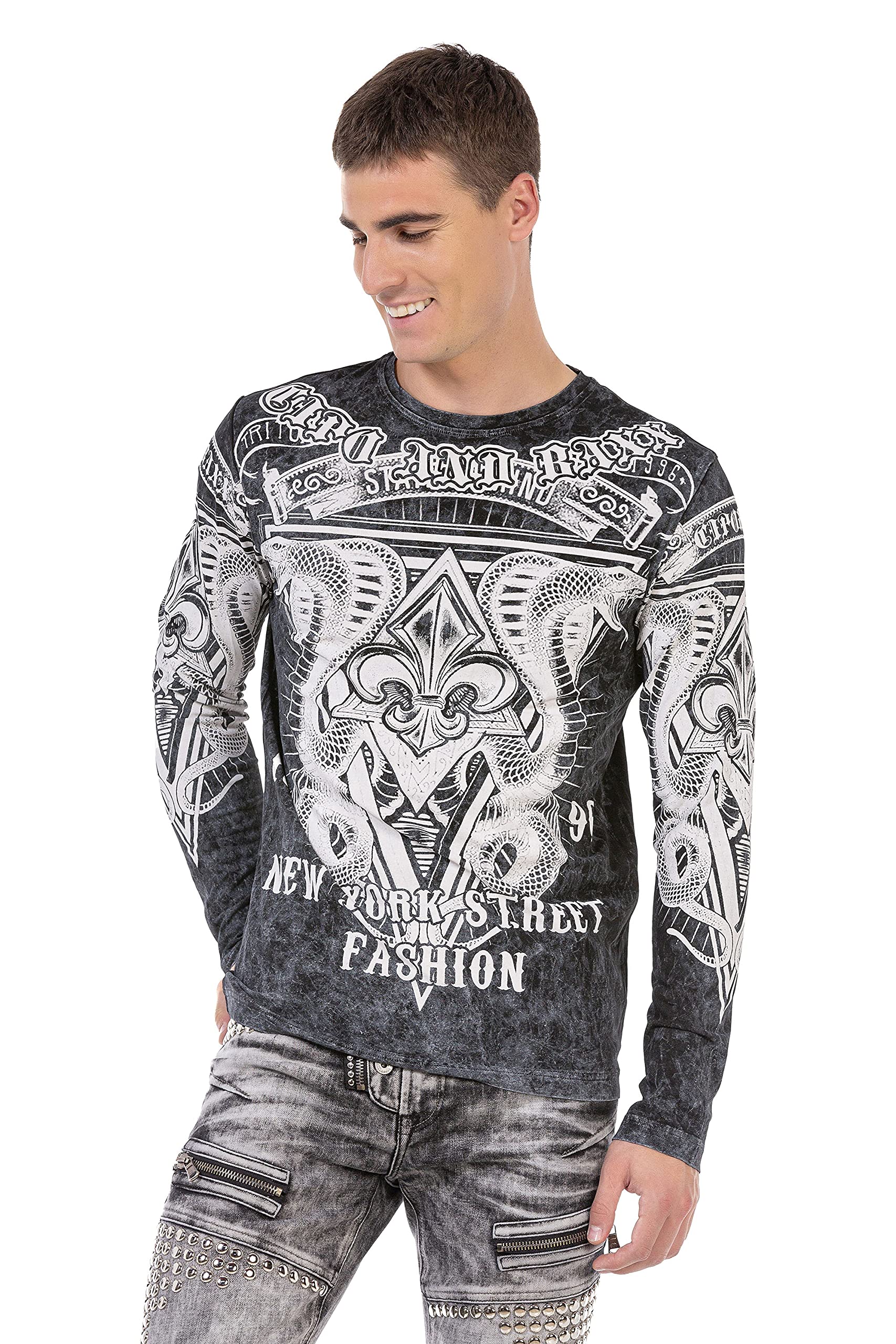 Cipo & Baxx Herren Langarmshirt Rundhals Print Longsleeve Longshirt Sweatshirt CL449 Schwarz XL