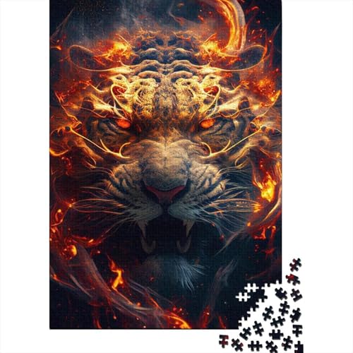 1000 Teile für Erwachsene, schwierige Puzzles, Feuertiger, Holzpuzzles für Teenager, Geschenke, einzigartige Geburtstags (Größe 75x50cm)