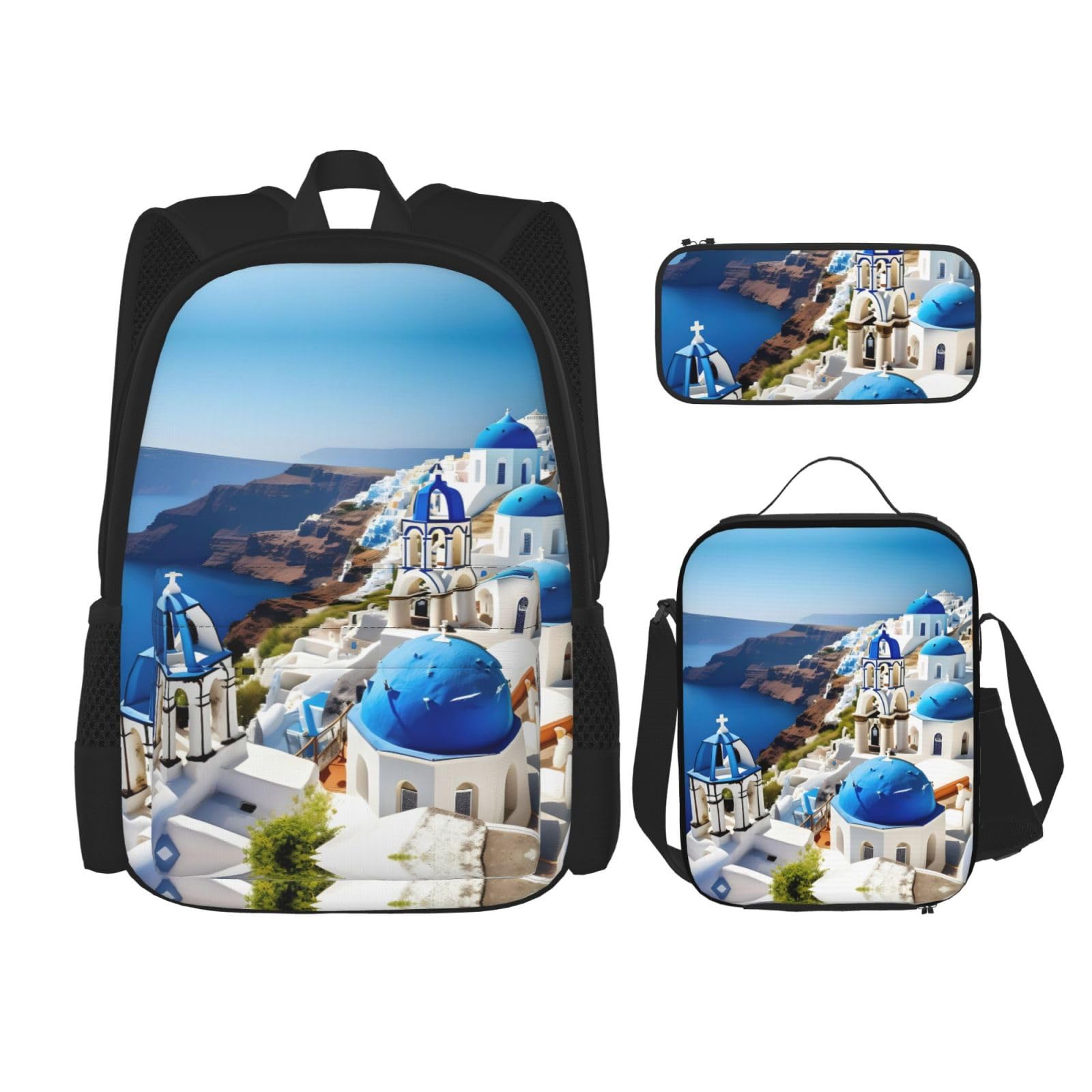 WURTON Griechische Insel Meer Blick Reise Lunchbox Federmäppchen Rucksack Set 3 Stück Verstellbare Träger Leicht, Schwarz, Einheitsgröße