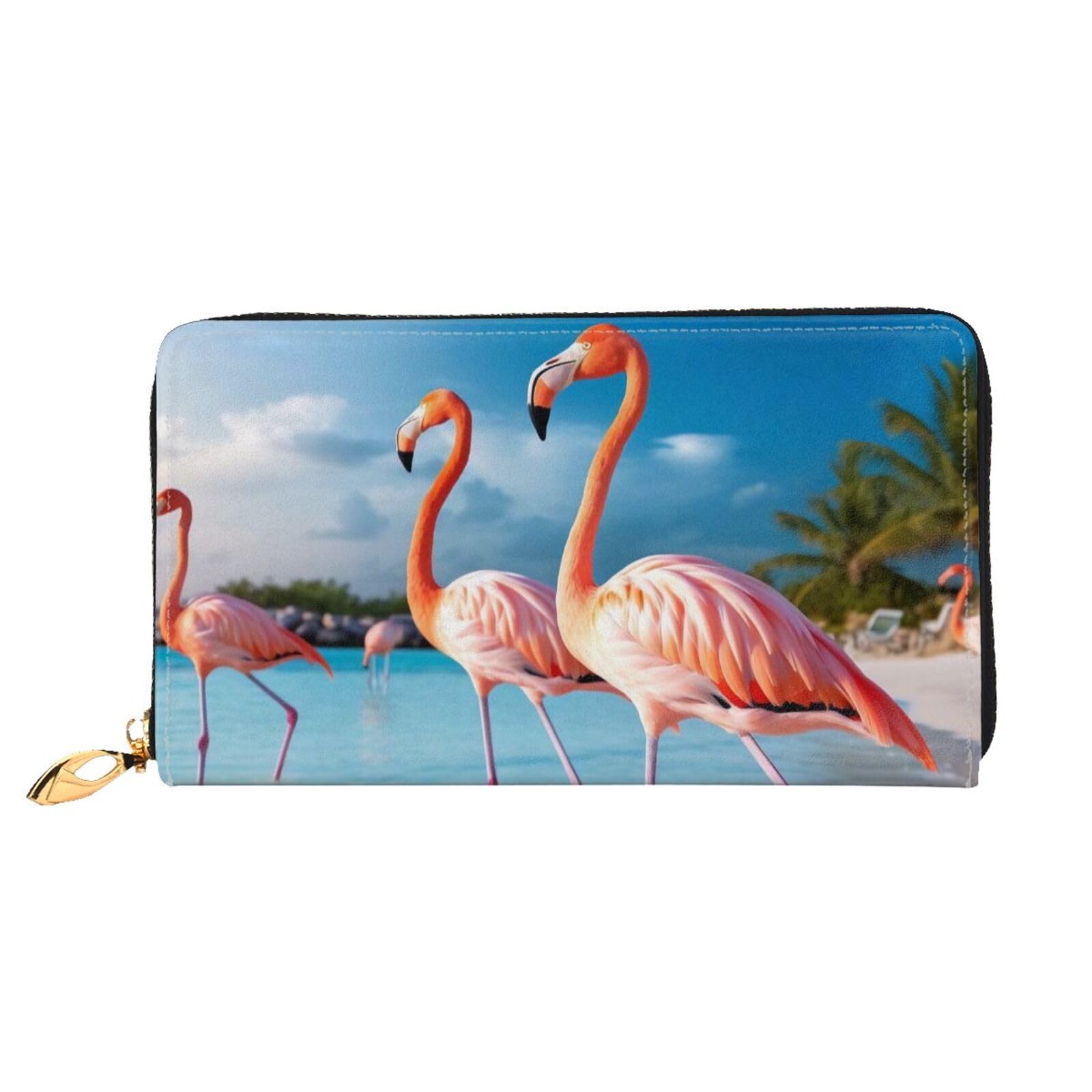 DENMER Geldbörse aus Kunstleder mit metallischem Reißverschluss, geräumiges und stilvolles Accessoire für moderne Frauen, Violett, Rosa Flamingo am Strand, Einheitsgröße, Modern