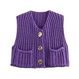 Sweater Vests Women 2024, Women's Button Front V Neck Sleeveless Crochet Solid Checkered Knit Sweater Vest with Pockets (Purple,Small)