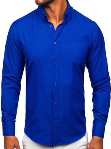 BOLF Herren Hemd Langarm Freizeithemd Langarmhemd Elegant Business Party Bügelleicht Farbwahl Classic Basic Slim Fit Casual Style 5821-1 Mittelblau XL [2B2]