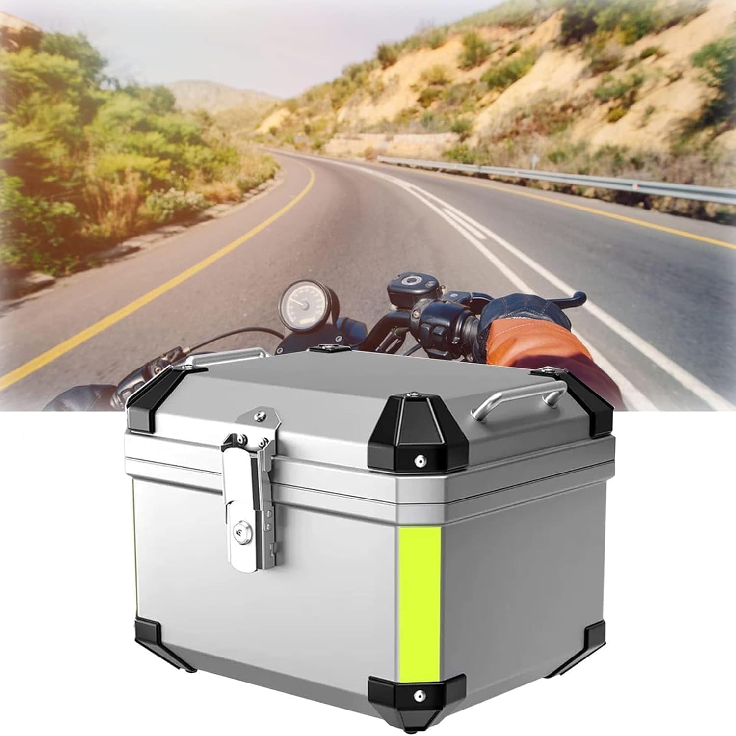 Motorrad-Heckbox, Hochleistungs-Aluminium-Universal-Motorrad-Heckbox-Kofferraum-Tour-Aufbewahrung mit Halterungsgrundplatte, wasserdichte Motorrad-Topbox mit Rückenkissen,Silber,45L