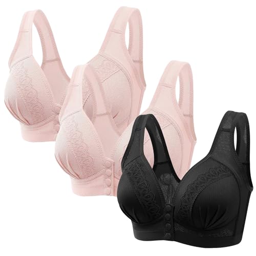 3er Pack Klassische Minimizer BH Ohne Bügel Push Up Sport BH Bequem Verschluss Vorne BH mit Breite Träger Damen Bustier mit Gepolstert Glamorise BH Schwarz Rosa 115B