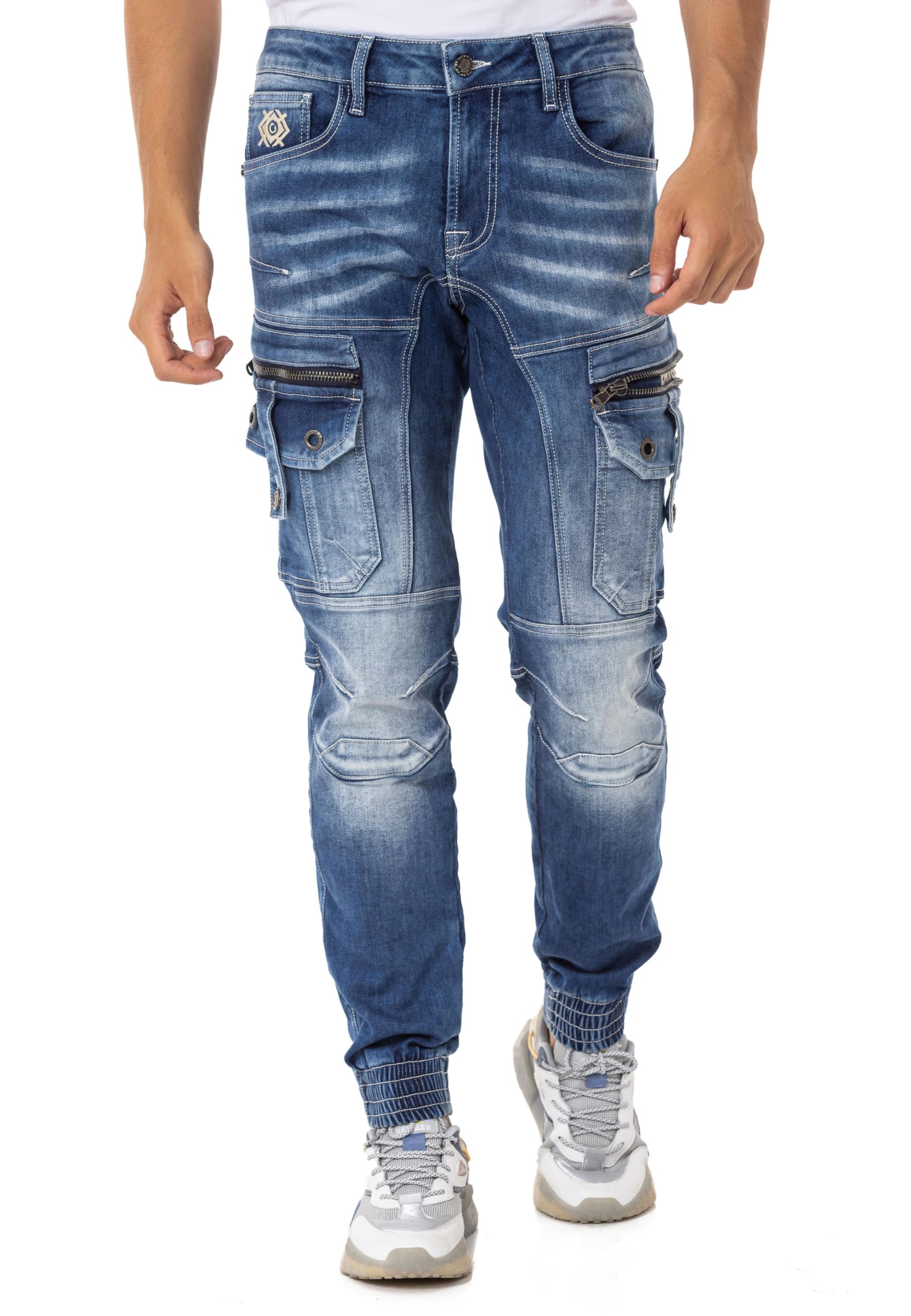 Cipo & Baxx Herren Jeanshose Cargotaschen Freizeithose Denim Reißverschluss Baumwolle Hose CD845 Blau W30 L34