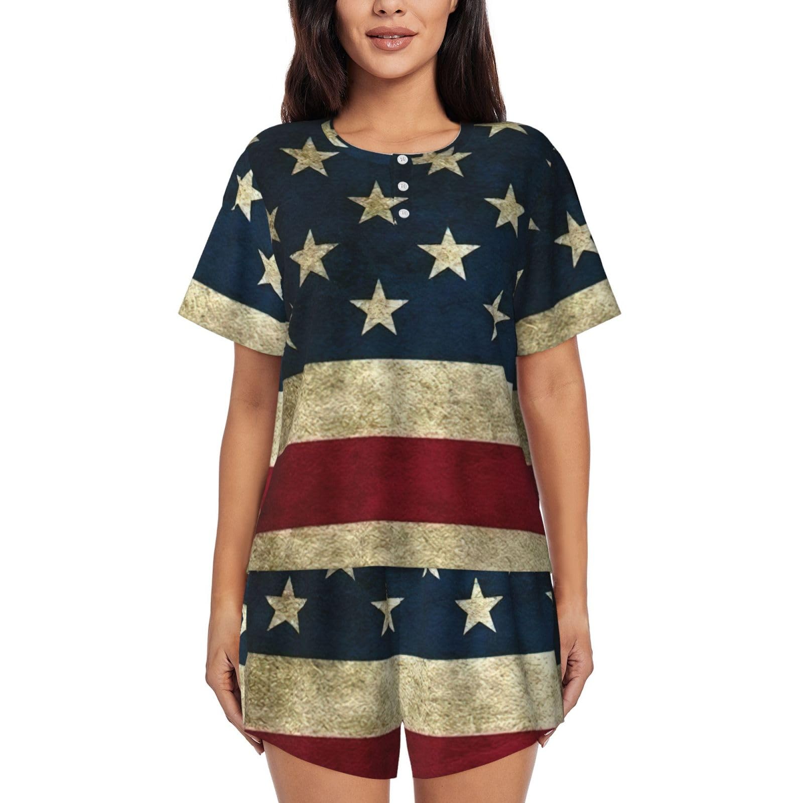 YQxwJL Damen-Pyjama-Set mit amerikanischer Flagge, kurze Ärmel, Lounge-Set, Nachtwäsche, lässiger Schlafanzug mit Taschen, Schwarz , 50