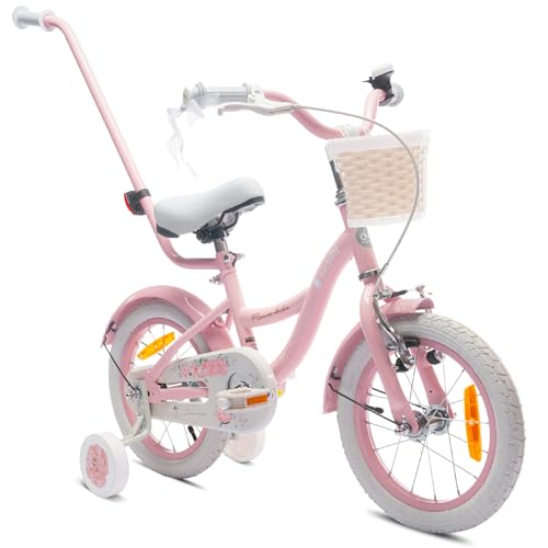 sun baby Mädchenfahrrad 14 Zoll Radgröße Flower Bike zur Auswahl, mit Abnehmbarer Schubstange, Kinderfahrrad für Mädchen von 2 bis 6 Jahre (Rosa, 14 Zoll)