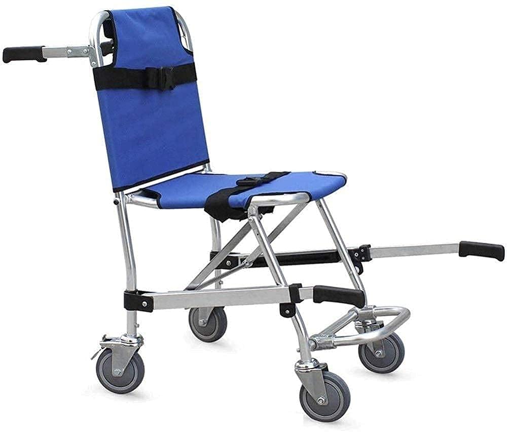 Zusammenklappbarer, leichter, zusammenklappbarer Krankenwagen, 3 verstellbare Entriegelungsschnallen, Stuhllifte für den Notfall, mit 4 Rädern, Transportstuhl, Blau (Blau) (Blau)