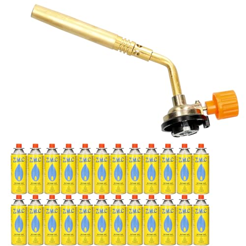 Z.M.C Gasbrenner 1,65 kW + 24x Gaskartuschen 227g, Lötbrenner bis zu 1371 °C, Bunsenbrenner mit einstellbarer Flamme, Abflammgerät ideal für Camping