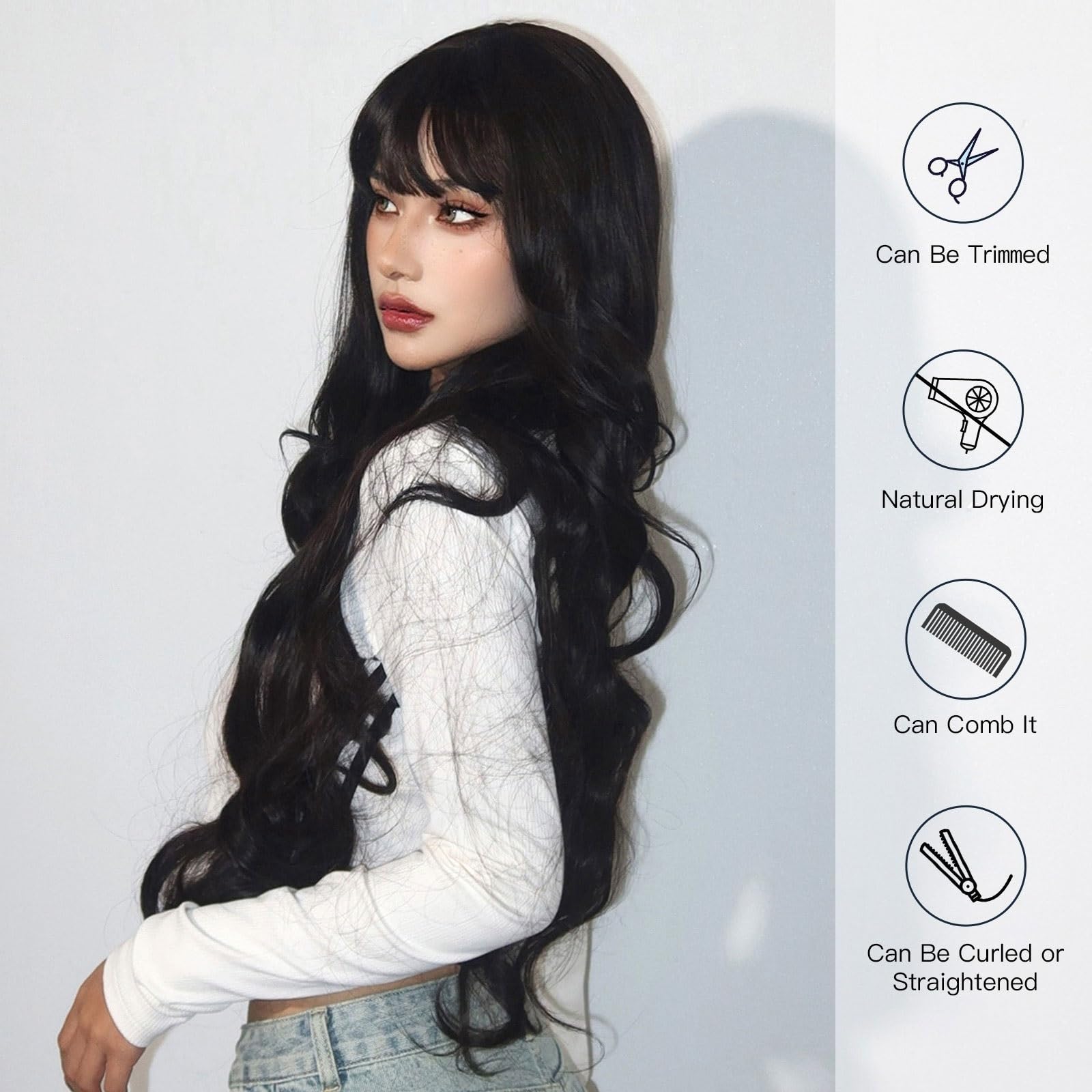 Perücken Perücke mit Pony for die tägliche Party, Cosplay, hitzebeständig, schwarzes Lolita-Naturhaar for Frauen, koreanische lange, lockige, gewellte Kunstfaser Damenperücke(Wig-WL1088-1)