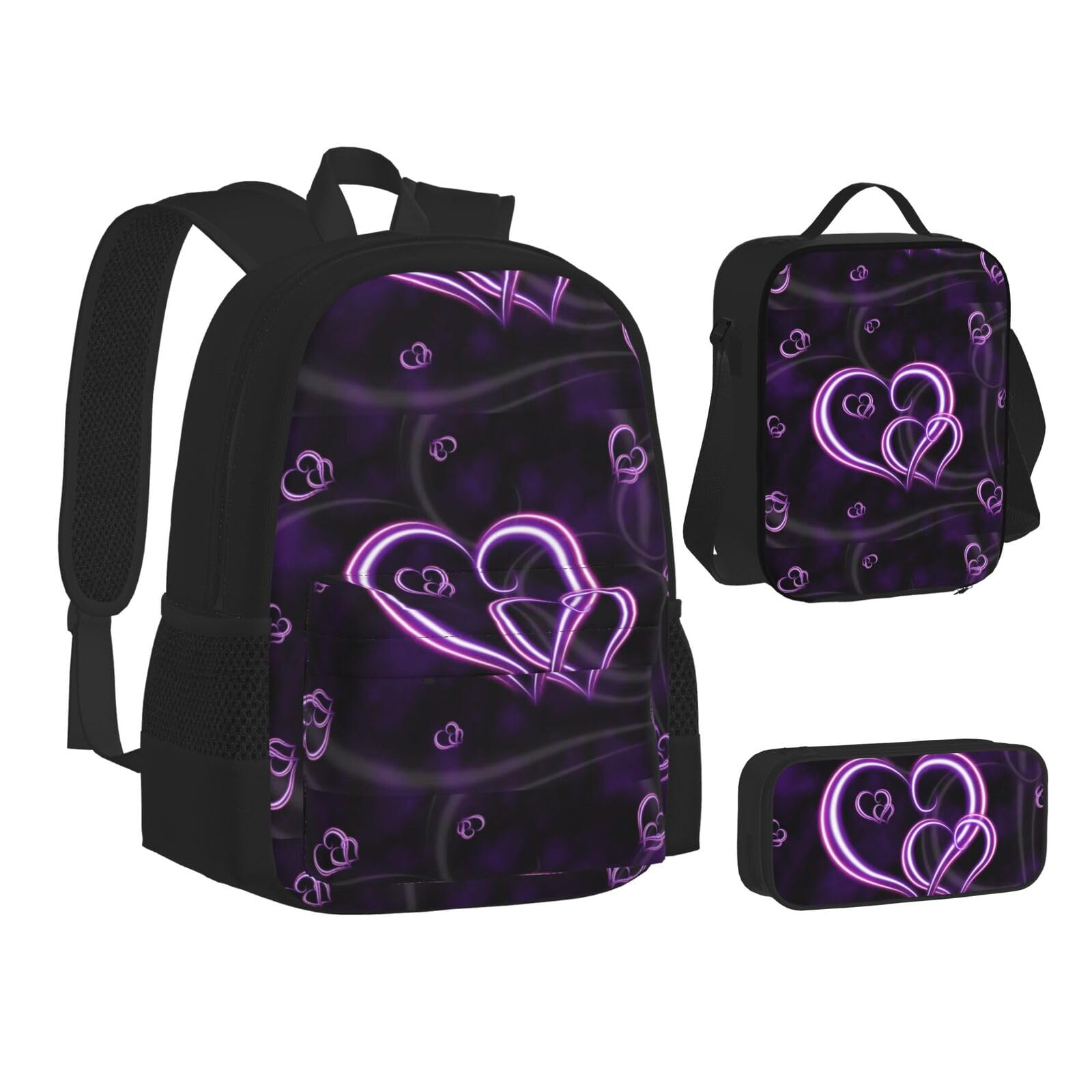 WURTON Schulrucksack-Set mit grünen Pailletten, glitzernd, für Teenager, Lunch-Tasche, Federmäppchen, 3-in-1, Schulrucksack-Set, Kinderrucksack, Lila Herzen, Einheitsgröße