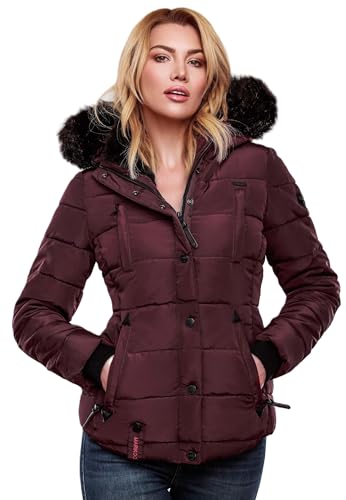 Marikoo warme Damen Winter Jacke Winterjacke Steppjacke gefüttert Kunstfell B618 (Gr. XS/Gr. 34, Weinrot)