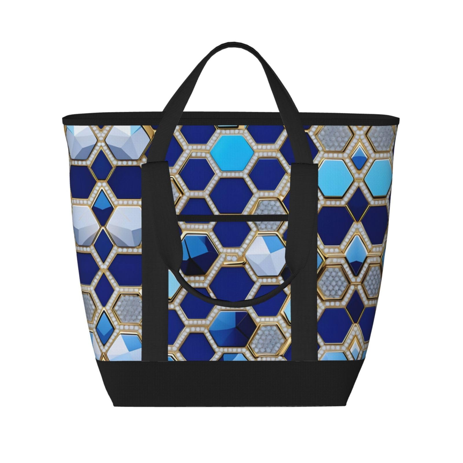 YQxwJL Isolierte Kühltasche mit blauem Sechseck- und Diamant-Druck, große Kapazität, Einkaufstasche, Reisetasche, Strand, wiederverwendbare Einkaufstasche für Erwachsene, Schwarz, Einheitsgröße