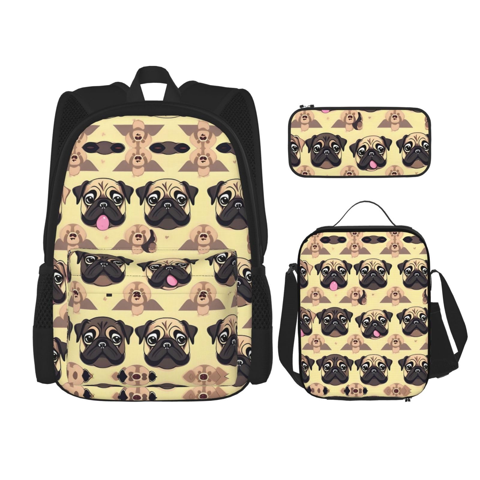 WURTON Viele niedliche Mops-Print Lunchbox Federmäppchen Rucksack Set 3 Stück verstellbare Träger langlebig leicht, Schwarz, One Size