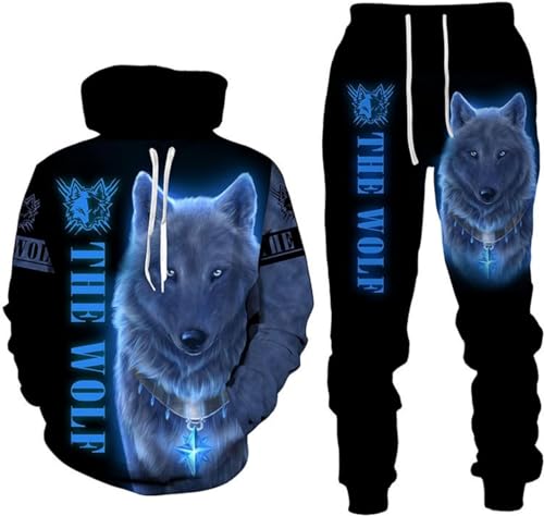 RIAAJ 3D wolf Jogginganzug Herren Jogging Sportanzug Fitness Sporthose Hose Hoodie Herren Trainingsanzug Zweiteiliges Set Freizeitanzug mit Löwen Tigermuster Sportsw (F6,XL)