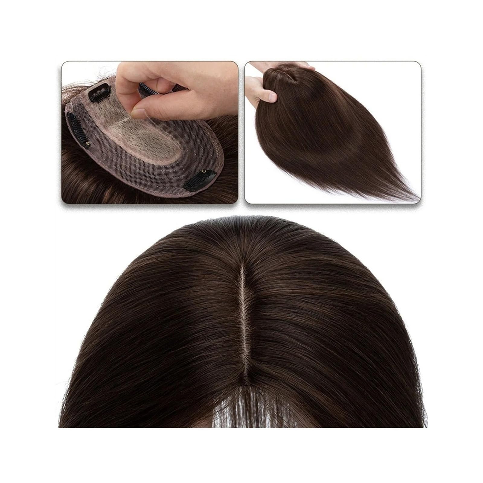 Haartopper für Frauen Haaraufsätze for Frauen, 15,2–45,7 cm, Mittelteil, Echthaaraufsatz, Haarteil, 10 x 12 cm, Seidenbasis mit 4 Clips, glatter Haaraufsatz for dünner werdendes Haar, Haarausfall Haar