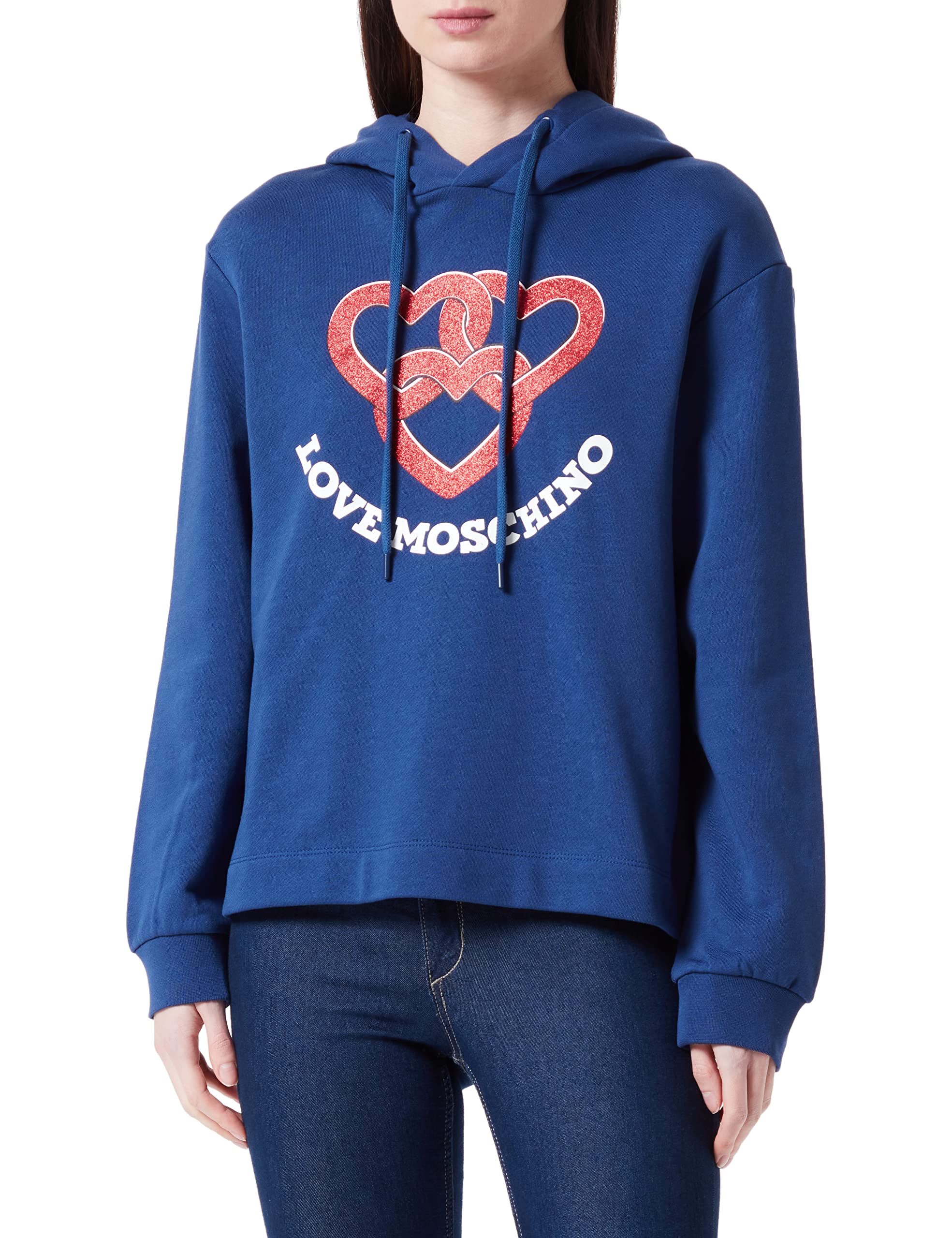 Love Moschino Women's Regular fit Hoodie with Chained Hearts Print Sweatshirt, Blue, 42